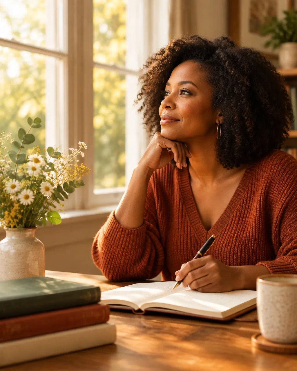A woman reflecting and writing beside a window