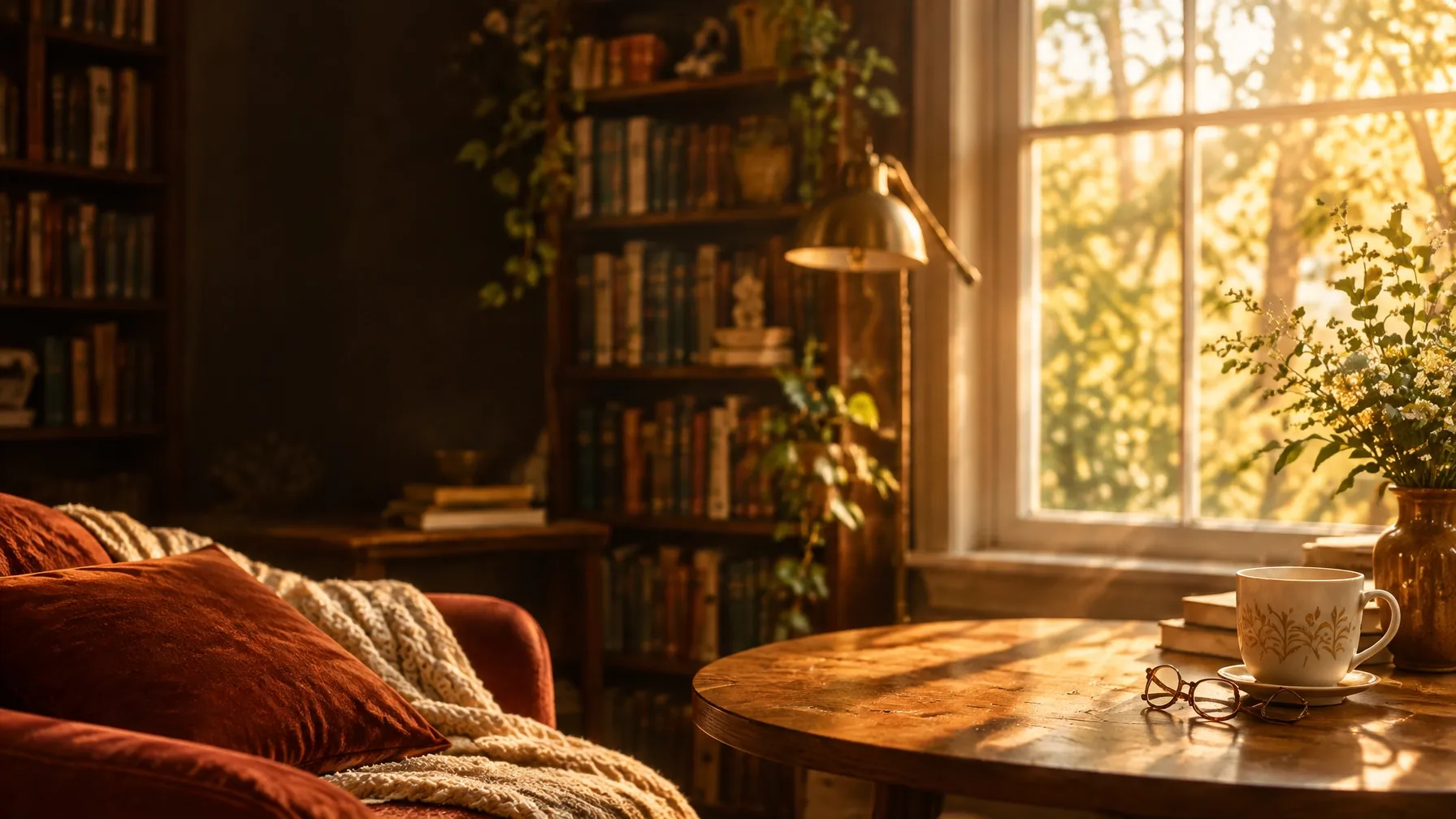 A sunlit reading room with warm wood shelves and a cozy chair
